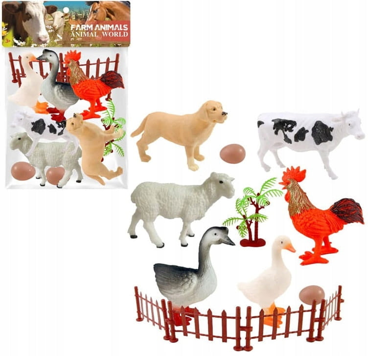 PETS LARGE SET FIGURINES FARM DOG COW CHICKEN 3z