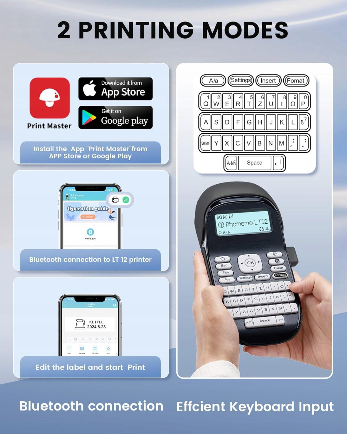 PHOMEMO LT12 – PORTABLE BLUETOOTH LABEL PRINTER WITH Bluetooth KEYBOARD Manufacturer code Drukarka termiczna