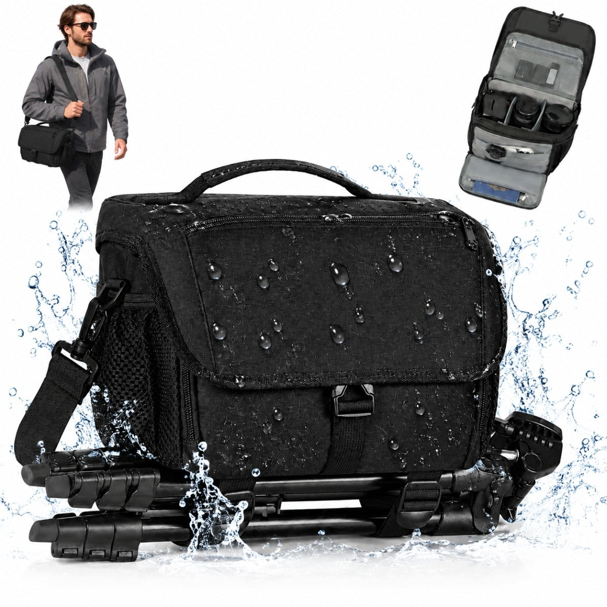PHOTO BAG BLACK POLYESTER SHOULDER 9 COMPARTMENTS WATERPROOF