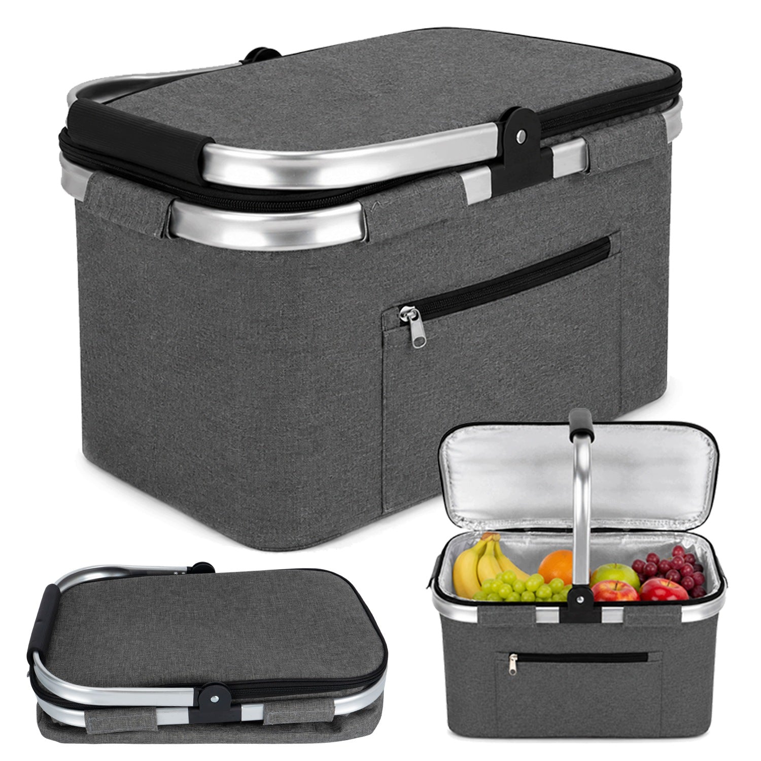 PICNIC BAG GREY FOLDING THERMAL INSULATION PICNIC BASKET LARGE