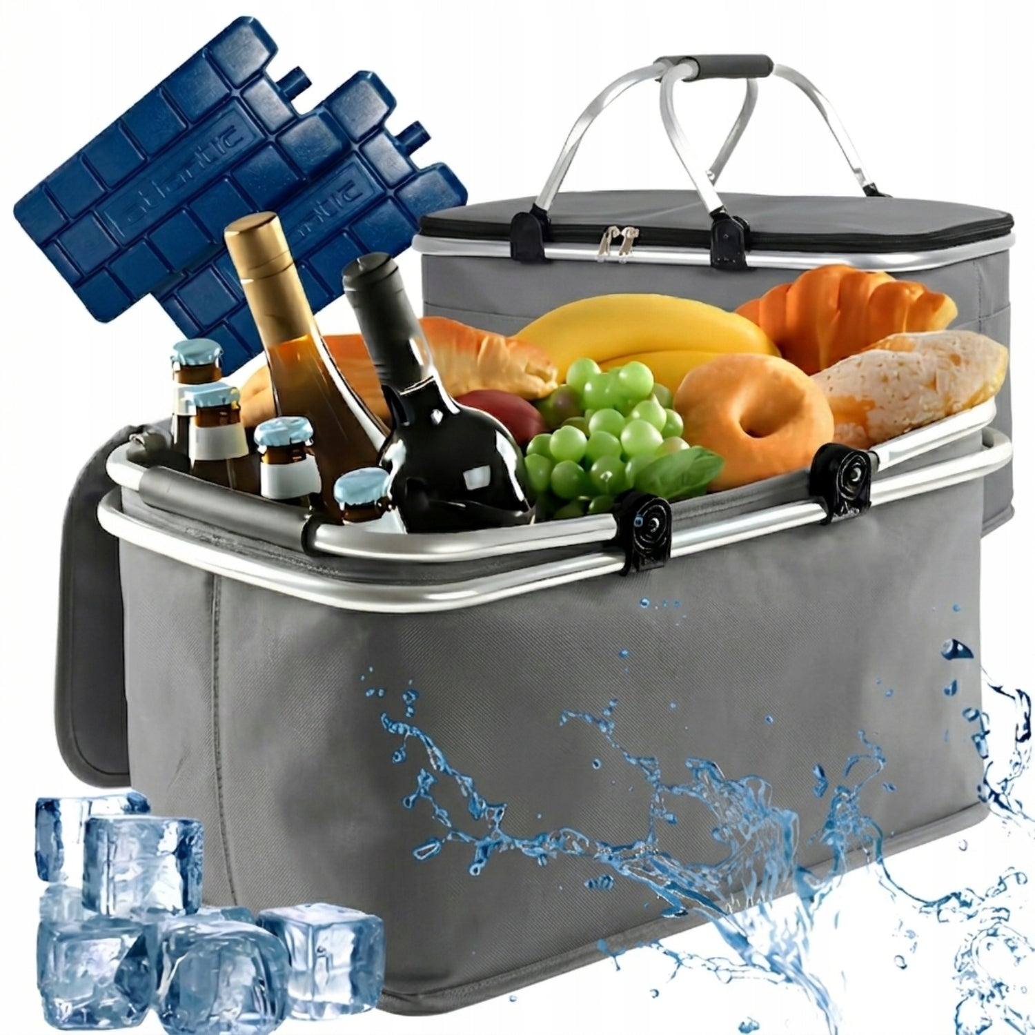 PICNIC BASKET THERMAL FOLDING SHOPPING BASKET + 2 COOLING INSERTS