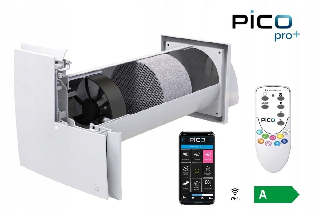 PICO PRO+45 wall recuperator with humidity sensor, CO2 + WIFI sensor