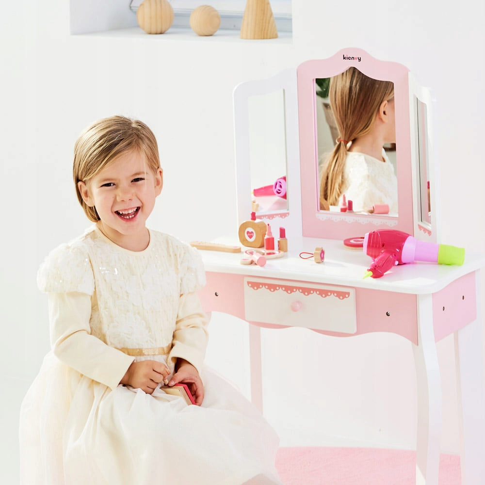 PINK WOODEN DRESSING TABLE TRIPLE MIRROR DRAWER +CHAIR +8 ACCESSORIES Brand KinderSafe