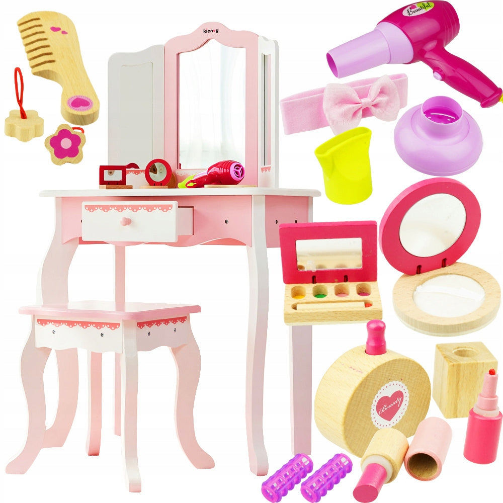 PINK WOODEN DRESSING TABLE TRIPLE MIRROR DRAWER +CHAIR +8 ACCESSORIES Manufacturer code TC8180