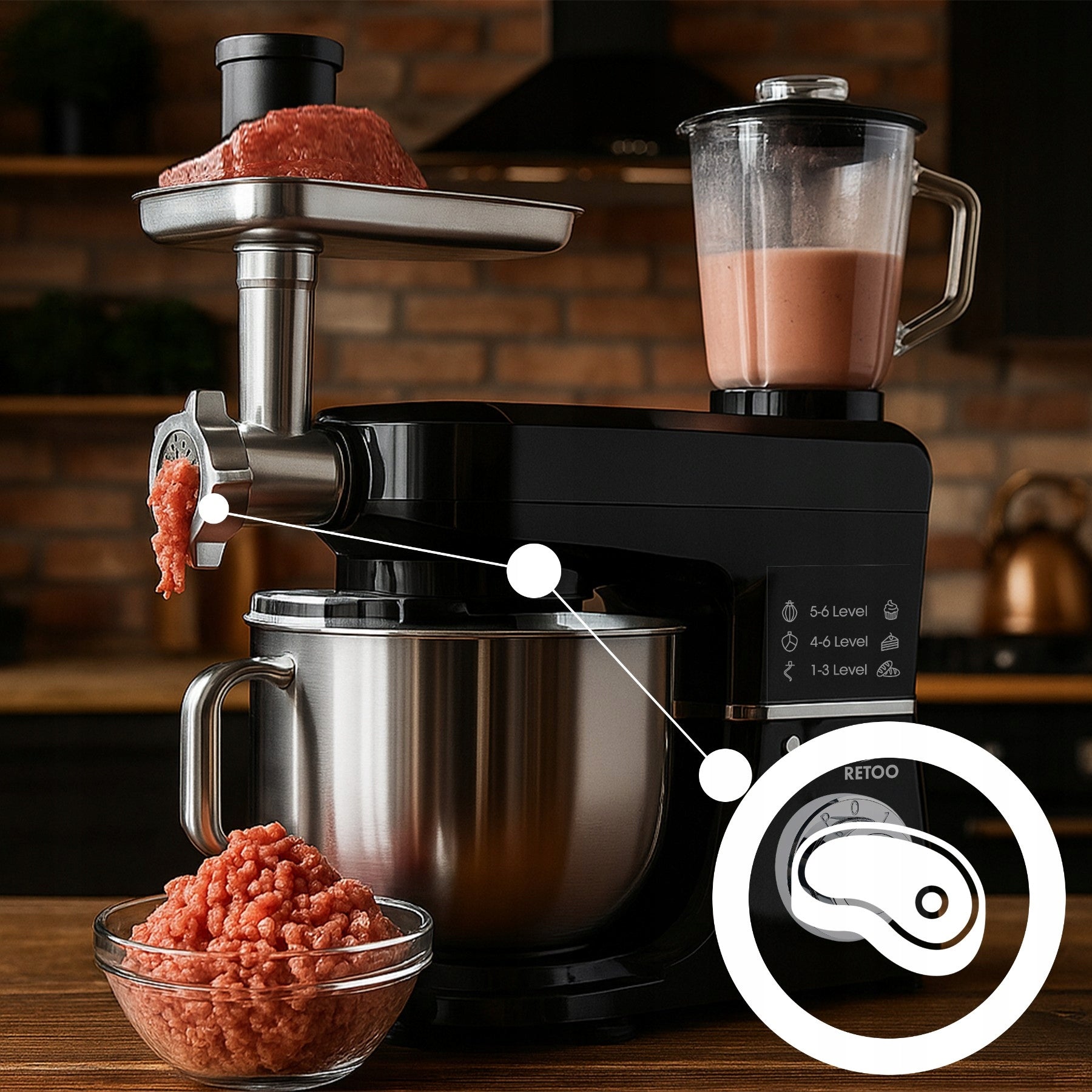 PLANETARY FOOD PROCESSOR WITH BOWL BLENDER MEAT GRINDER MIXER 5in1 3200W Brand RETOO