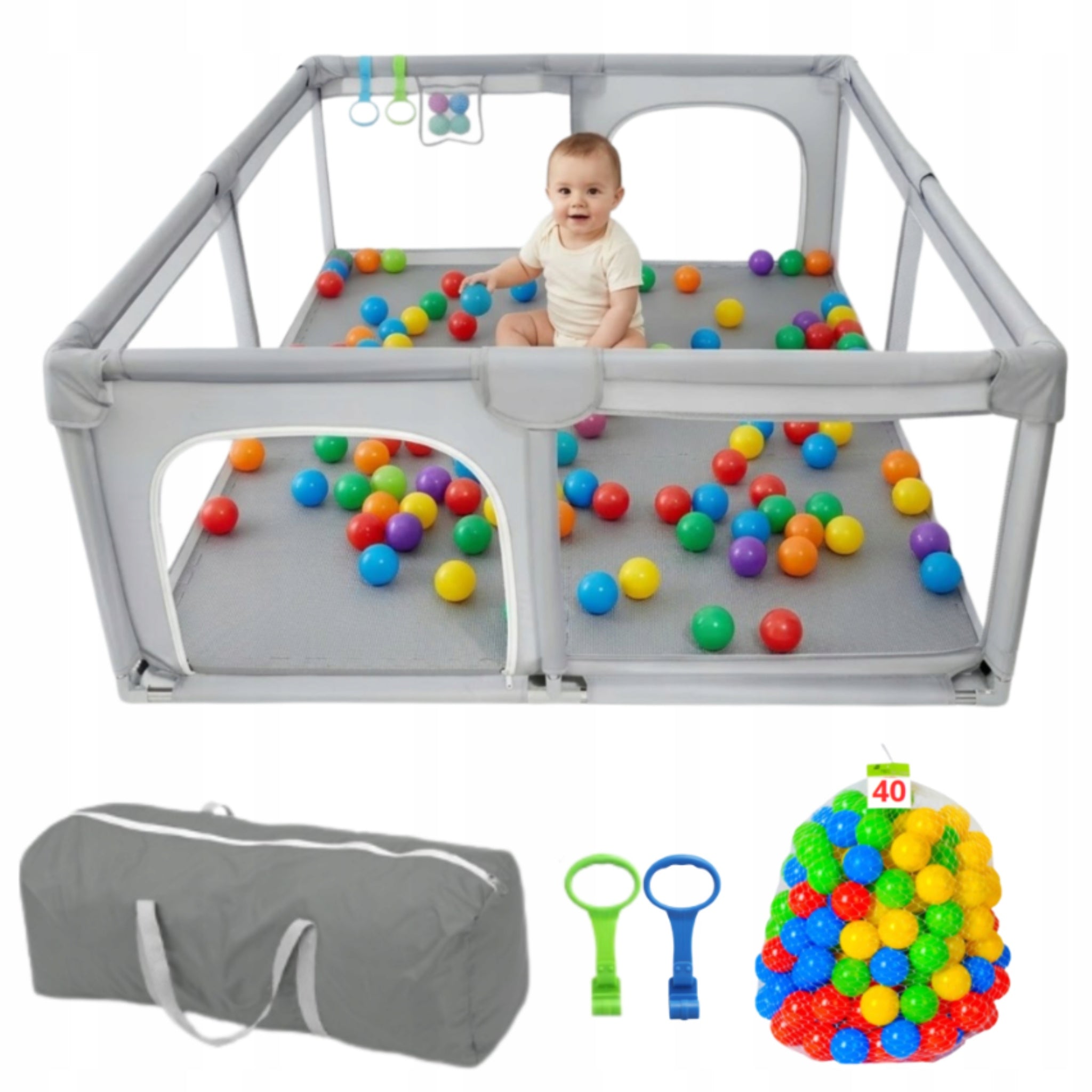 PLAYPEN FOR CHILDREN 150X180 CM DRY POOL SQUARE TOYS GREY + BALLS + BAG