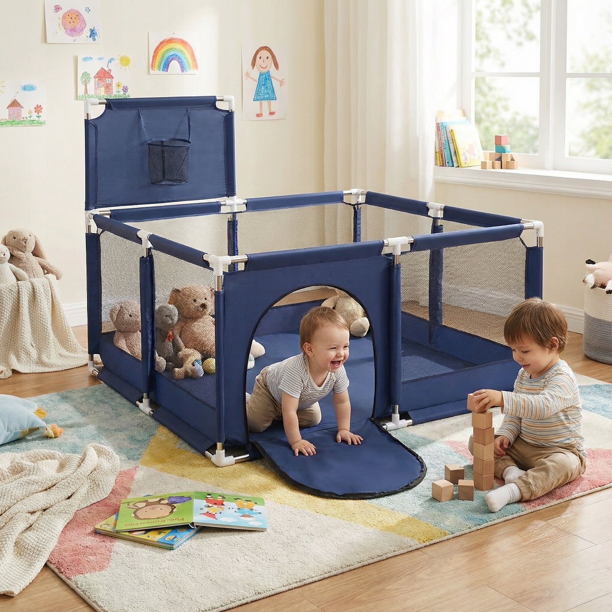 PLAYPEN WITH BASKET BLUE DRY POOL FOR CHILDREN SELONIS KK-100X empty