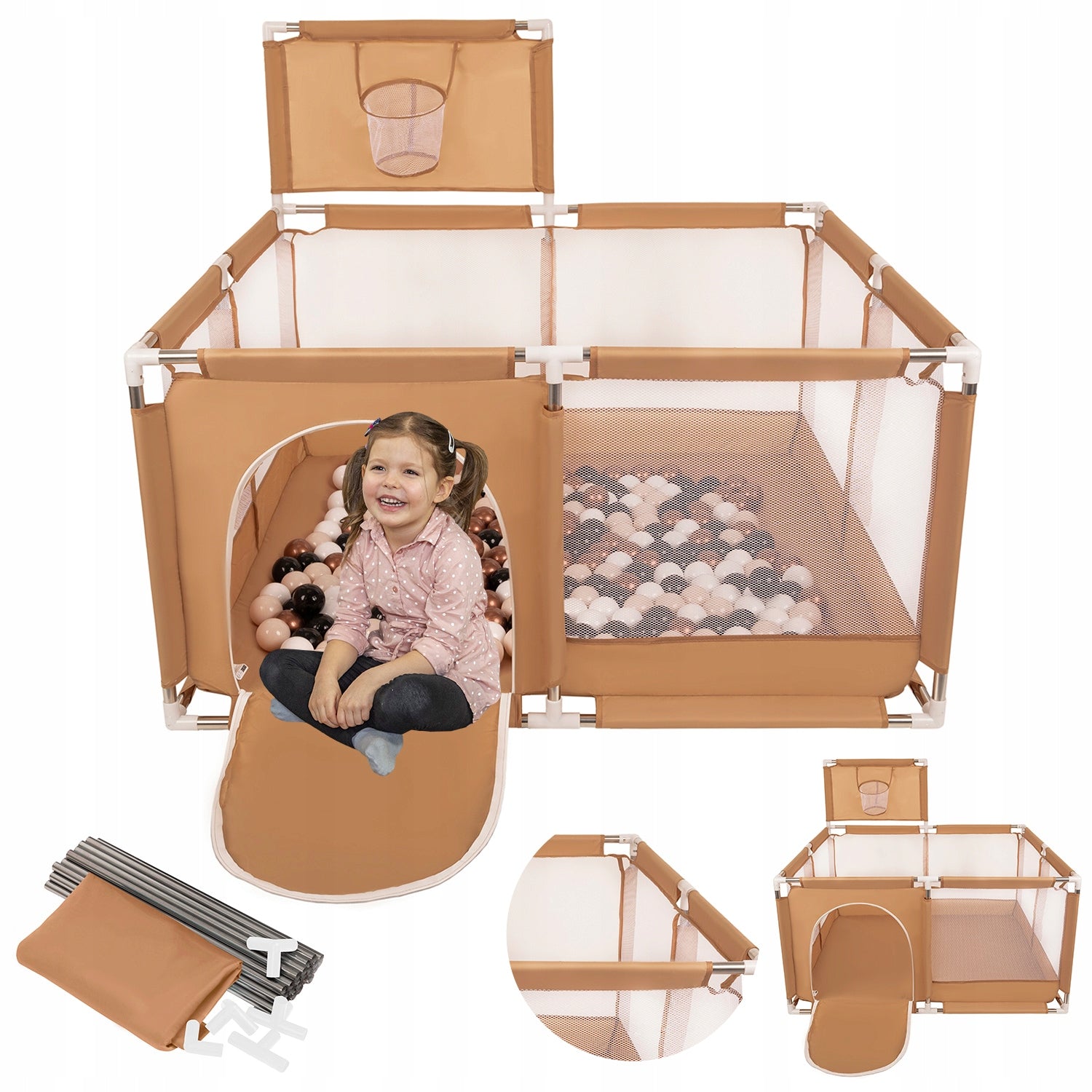 PLAYPEN WITH BASKET DRY POOL FOR CHILDREN 400 BALLS SELONIS KK-100X BEIGE