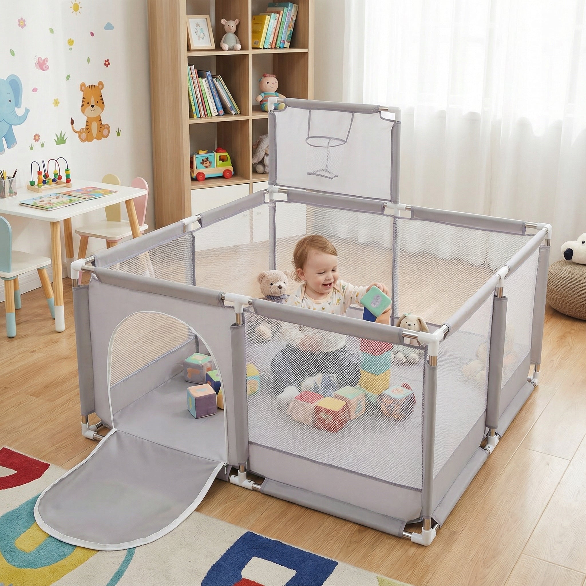 PLAYPEN WITH BASKET GREY DRY POOL FOR CHILDREN SELONIS KK-100X empty