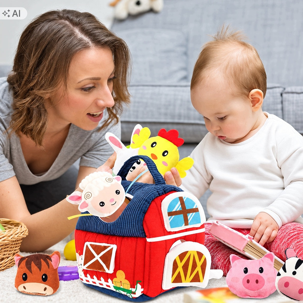 PLUSH SENSORY FARM WITH 6 ANIMALS MONTESSORI MIRROR SOUNDS 6M+ Packaging status original