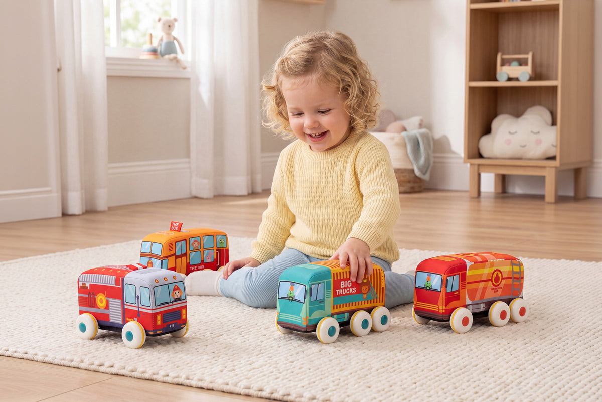 PLUSH SOFT CAR TRUCKS WITH DRIVE SET OF 4 Brand Malucha Świat