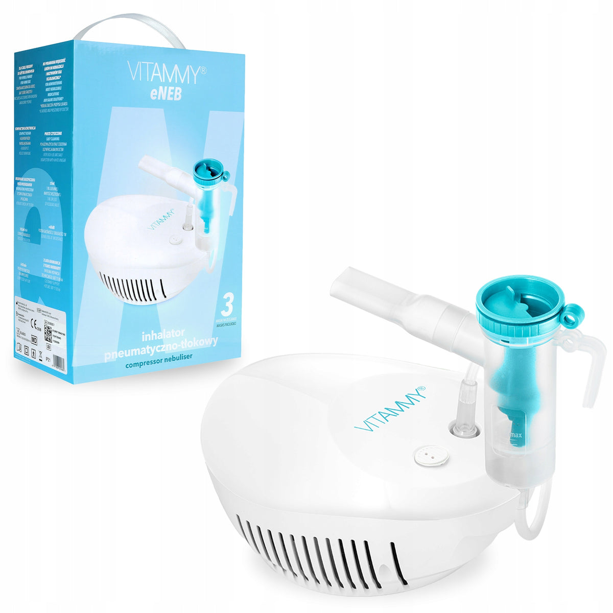 PNEUMATIC PISTON INHALER NEBULIZER 3 MODES VITAMMY ENEB 3 MASKS Packaging status original