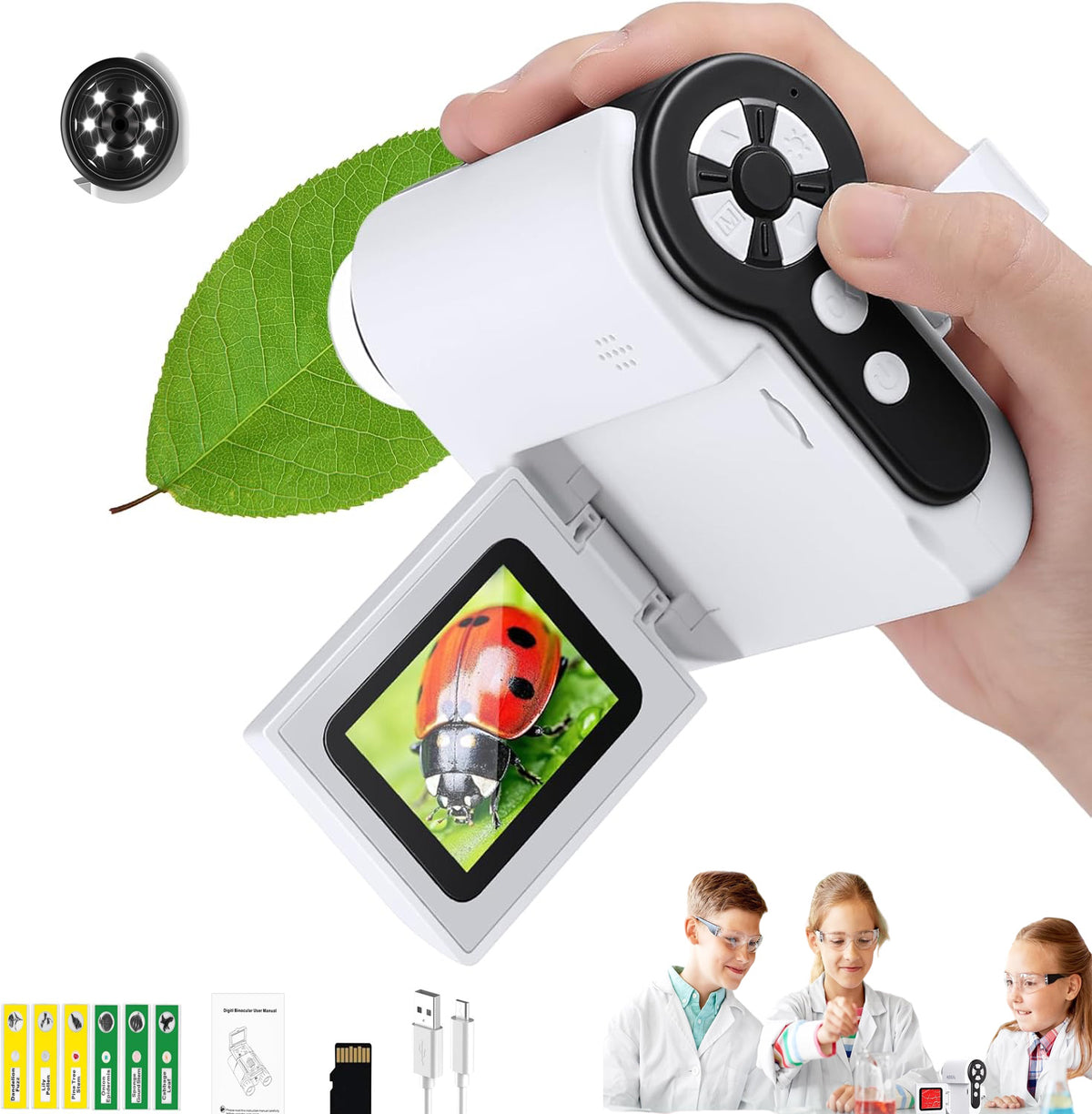POCKET DIGITAL MICROSCOPE SCREEN 2" WITH 32GB CARD WITH 6 PREPARATIONS WHITE