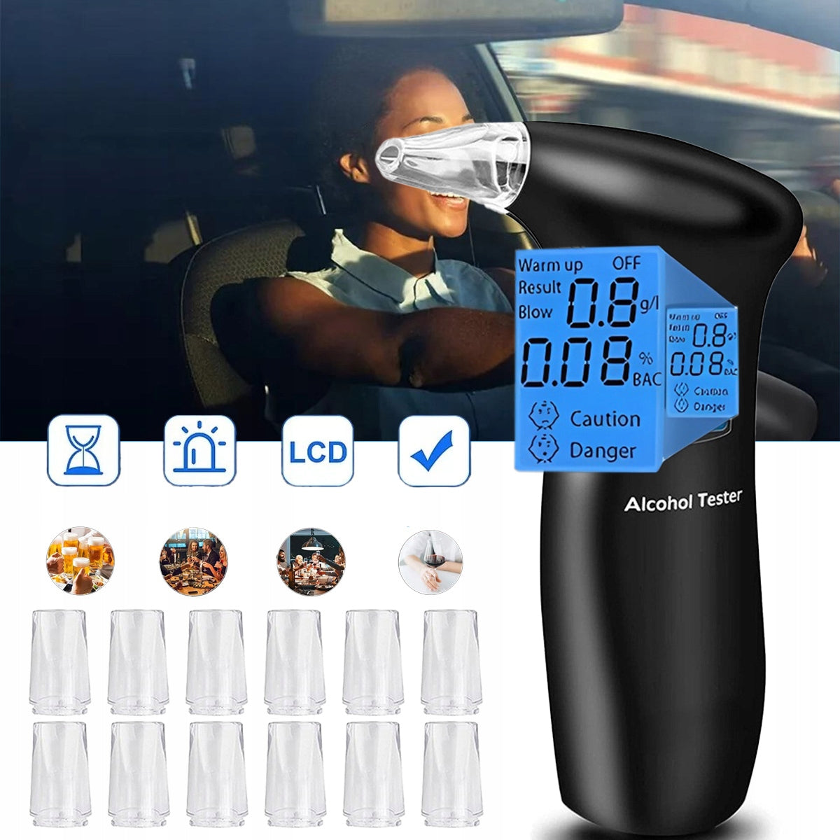 POLICE BREATHALYZER PROFESSIONAL ELECTRONIC LCD PRECISION WITH 12 MOUTHPIECES Manufacturer code 8E5E7