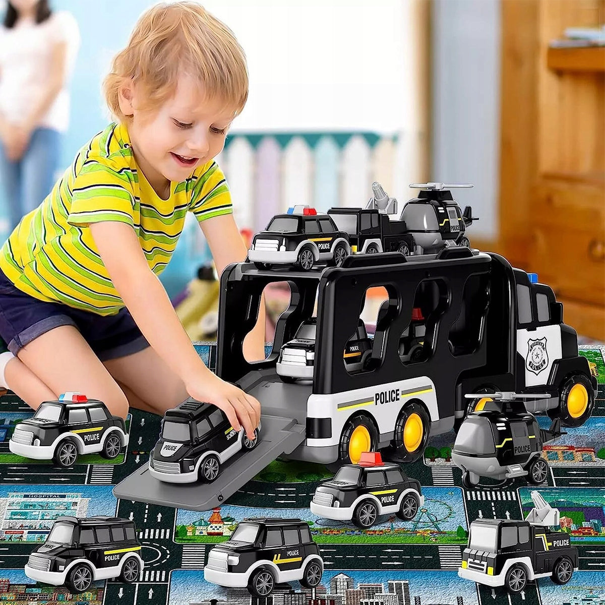 POLICE CAR LARGE SET OF VEHICLES FOR DRIVE TOW TRUCK LED MUSIC 7IN1 Minimum kid's age 3