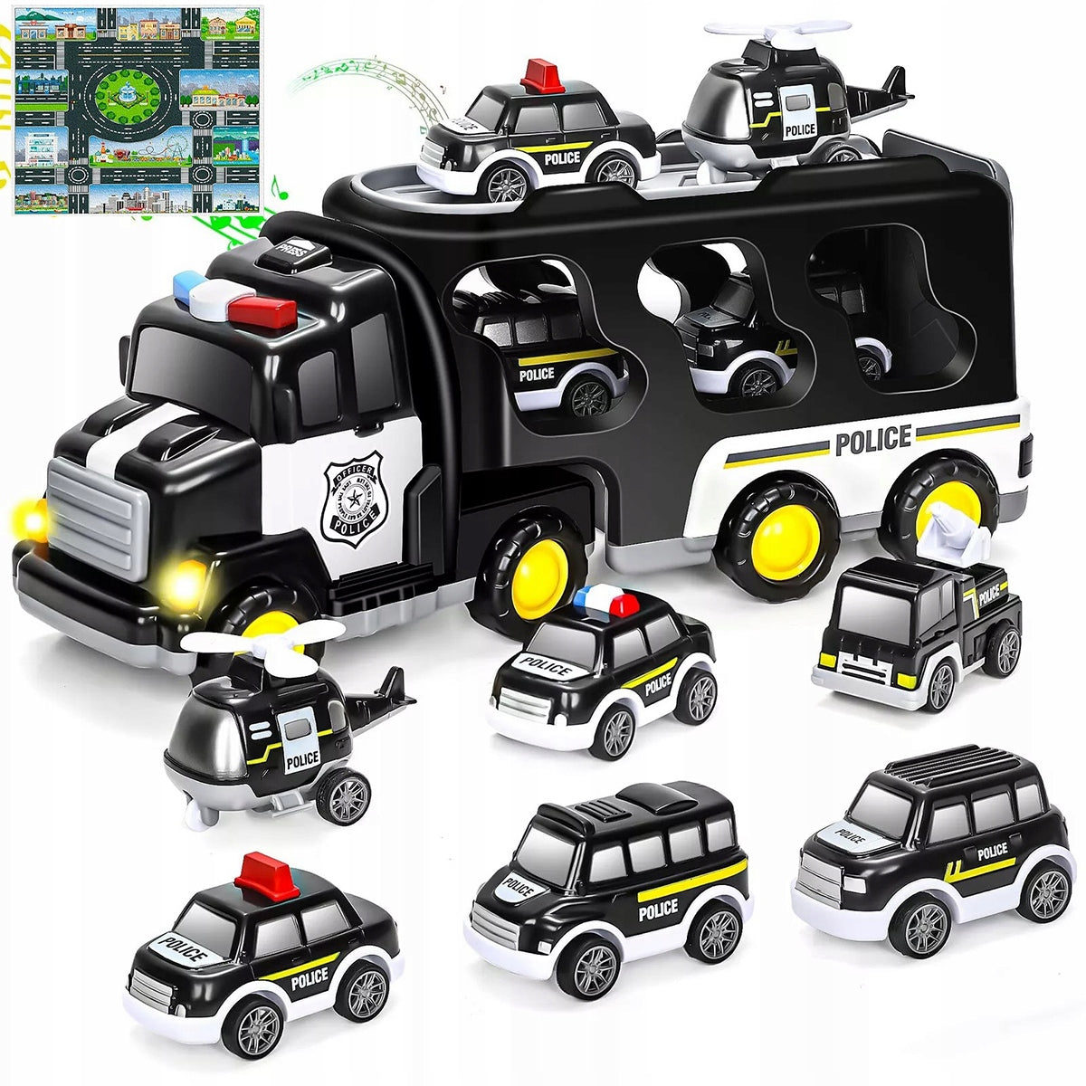 POLICE CAR LARGE SET OF VEHICLES FOR DRIVE TOW TRUCK LED MUSIC 7IN1