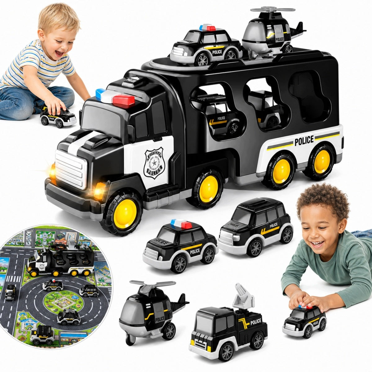 POLICE CAR SET MODEL TOY GIFT TRUCK HELIKOPT 7IN1