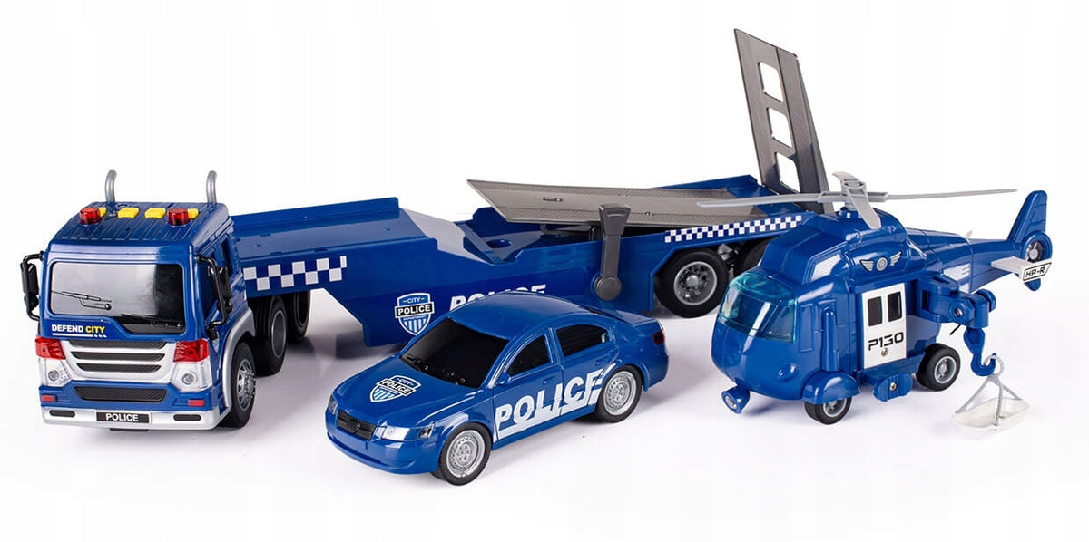 POLICE CAR TRUCK WITH TRAILER TOW TRUCK HELICOPTER LIGHTS SOUNDS TRUCK Brand Jimly