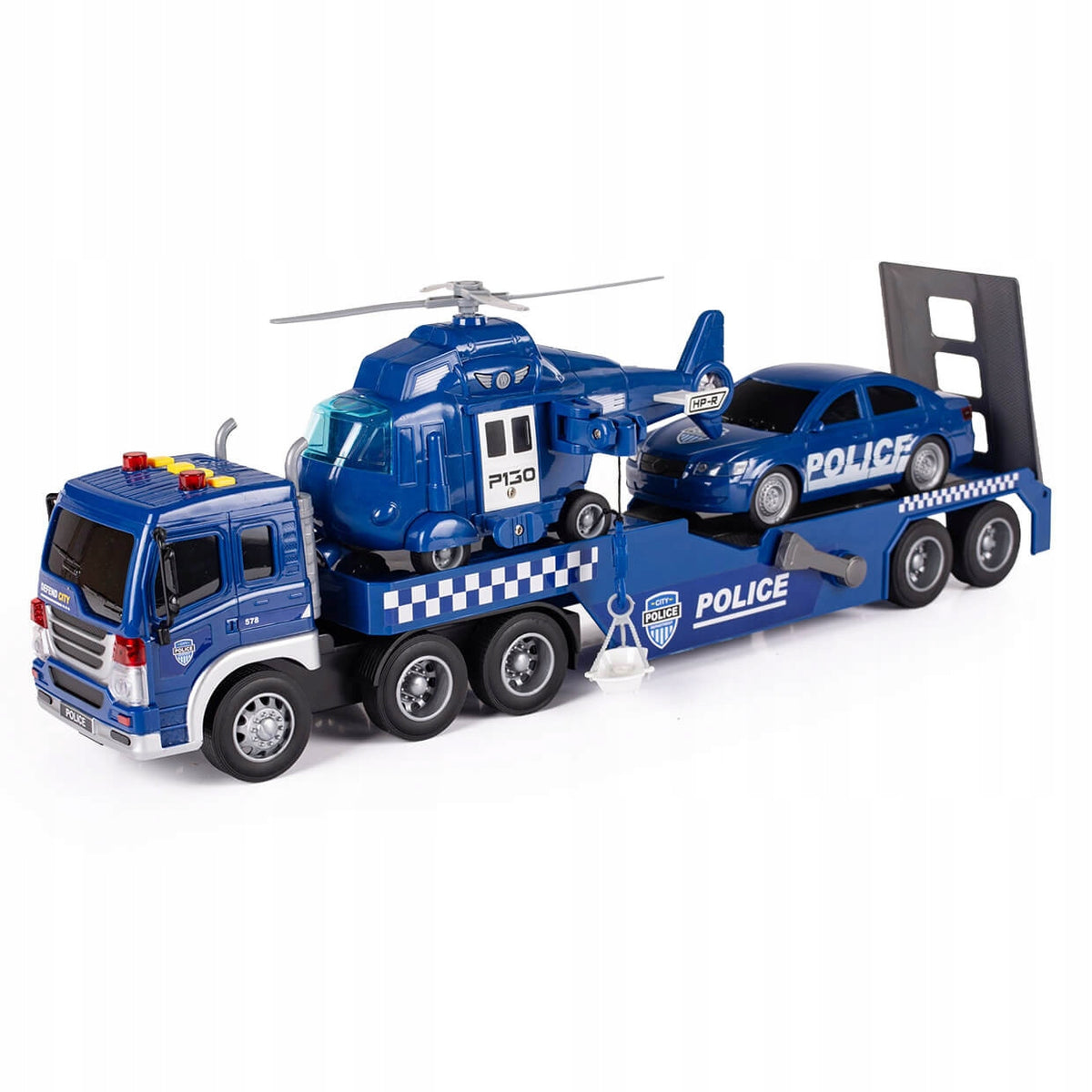 POLICE CAR TRUCK WITH TRAILER TOW TRUCK HELICOPTER LIGHTS SOUNDS TRUCK Packaging status original