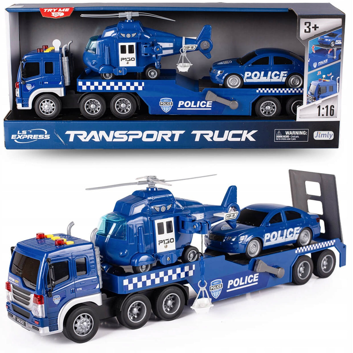POLICE CAR TRUCK WITH TRAILER TOW TRUCK HELICOPTER LIGHTS SOUNDS TRUCK