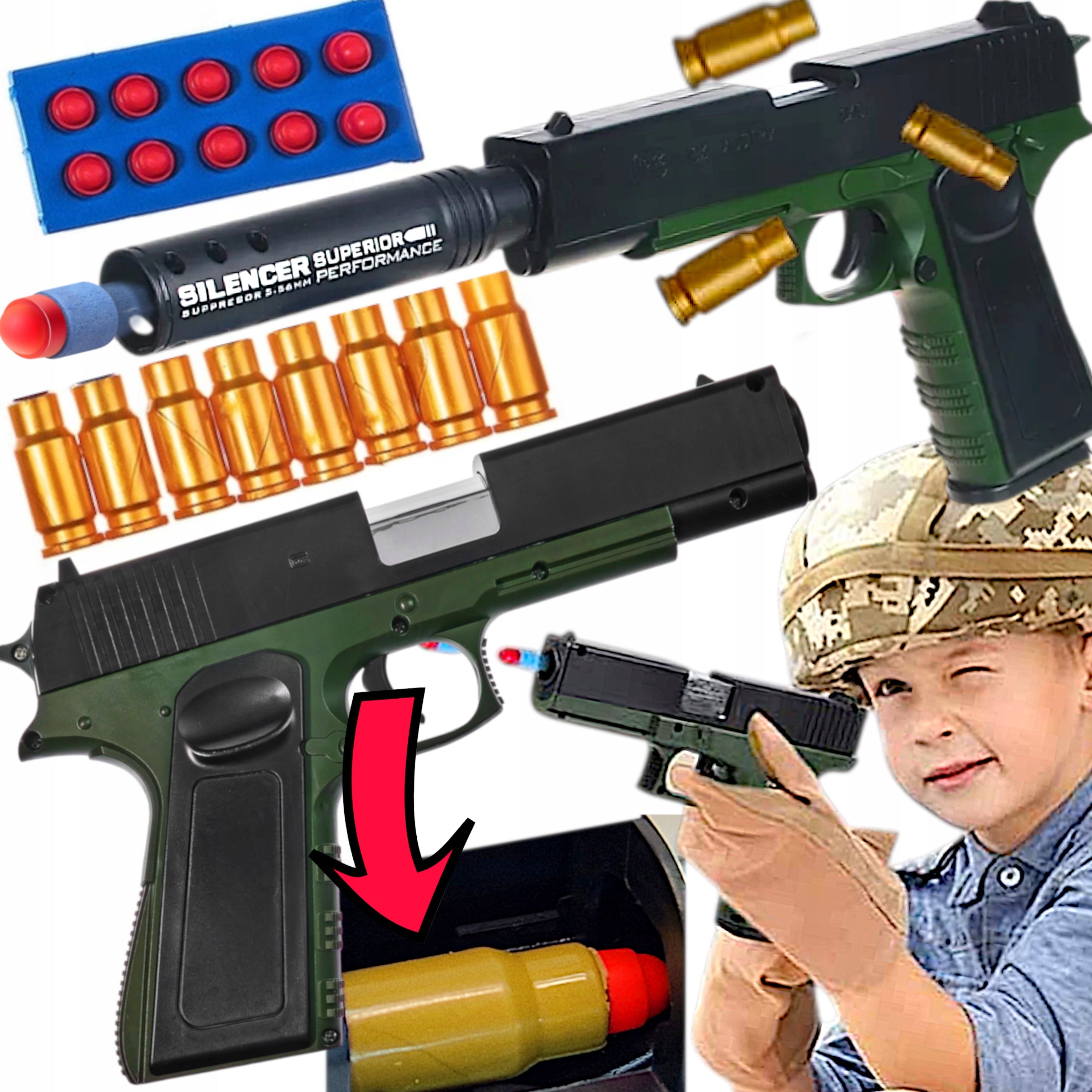 POLICE GUN GLOCK FOR ARROWS FOAM CARTRIDGES EVA BULLET SHELL + DAMPER
