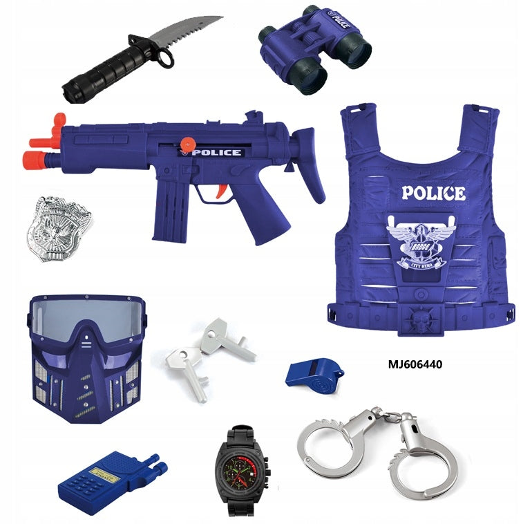 POLICE SET POLICE HANDCUFFS VEST MASK RIFLE BADGE Role policeman
