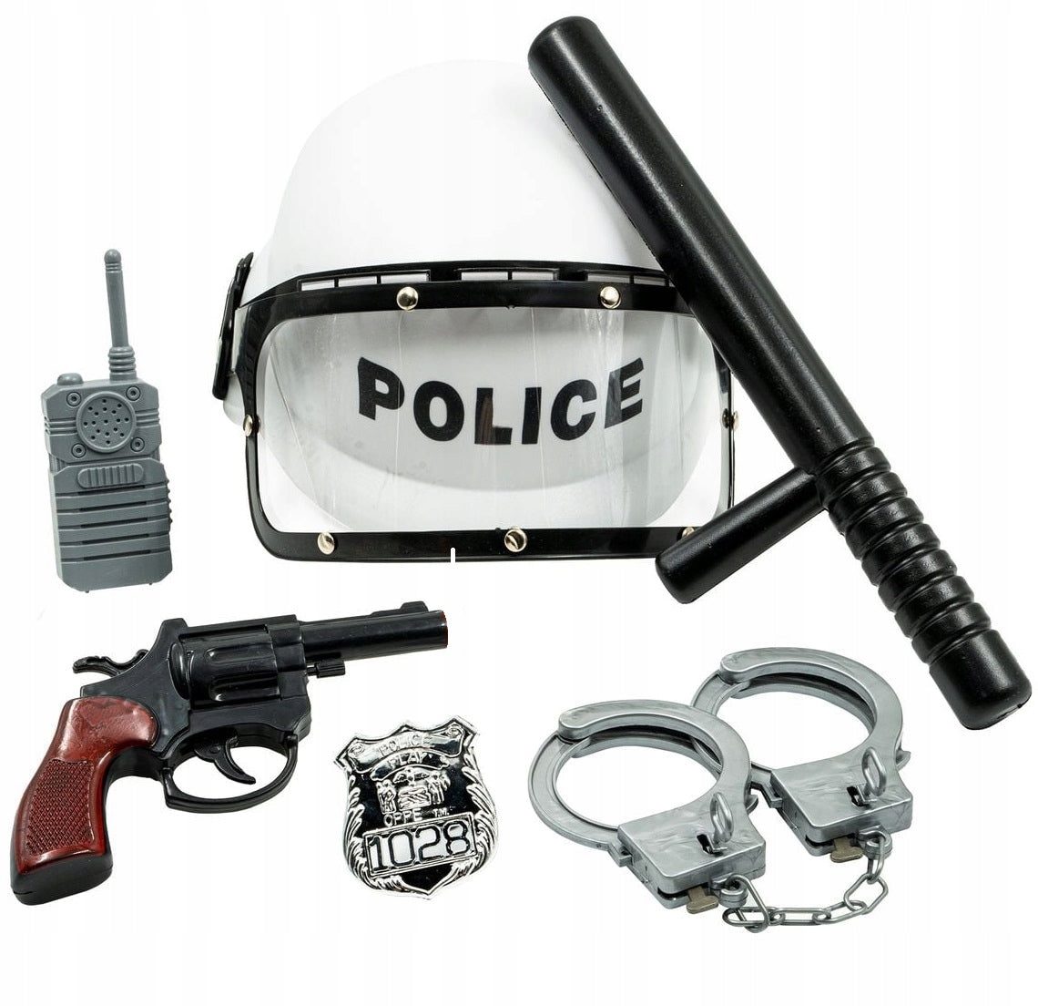 POLICE SET POLICEMAN HELMET BATON HANDCUFFS GUN BADGE 6EL