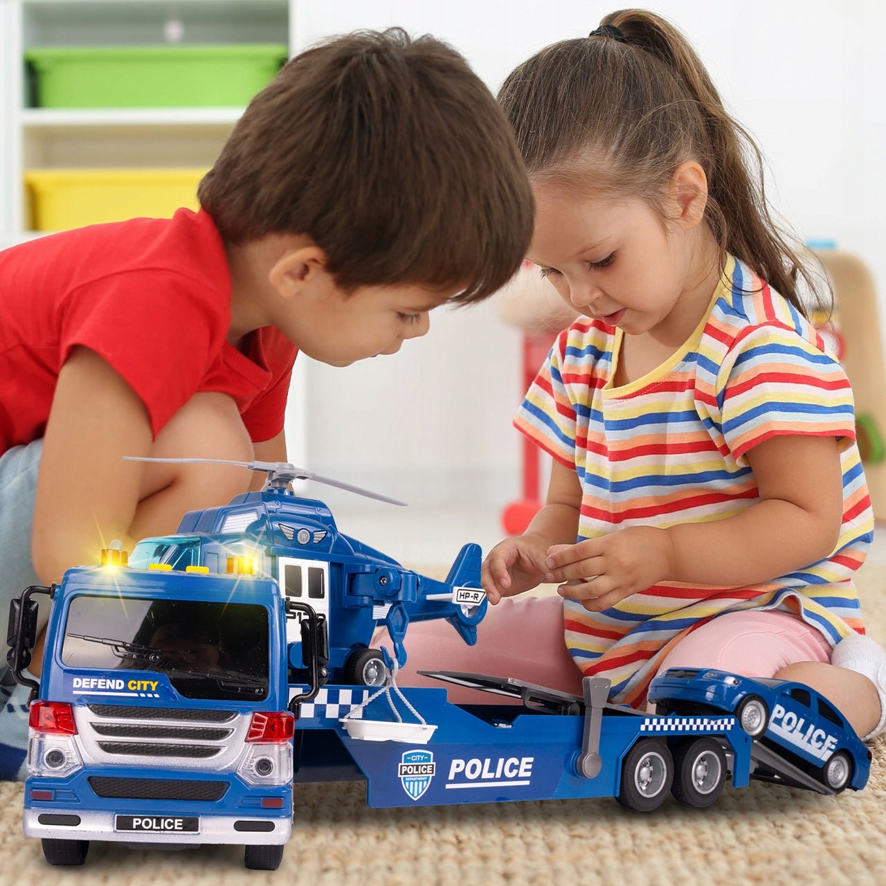 POLICE TOW TRUCK 1:16 LIGHT SOUND MOVING ELEMENTS HELICOPTER CAR Manufacturer code 112837