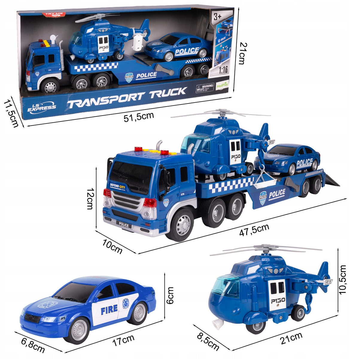 POLICE TOW TRUCK 1:16 LIGHT SOUND MOVING ELEMENTS HELICOPTER CAR Packaging status original