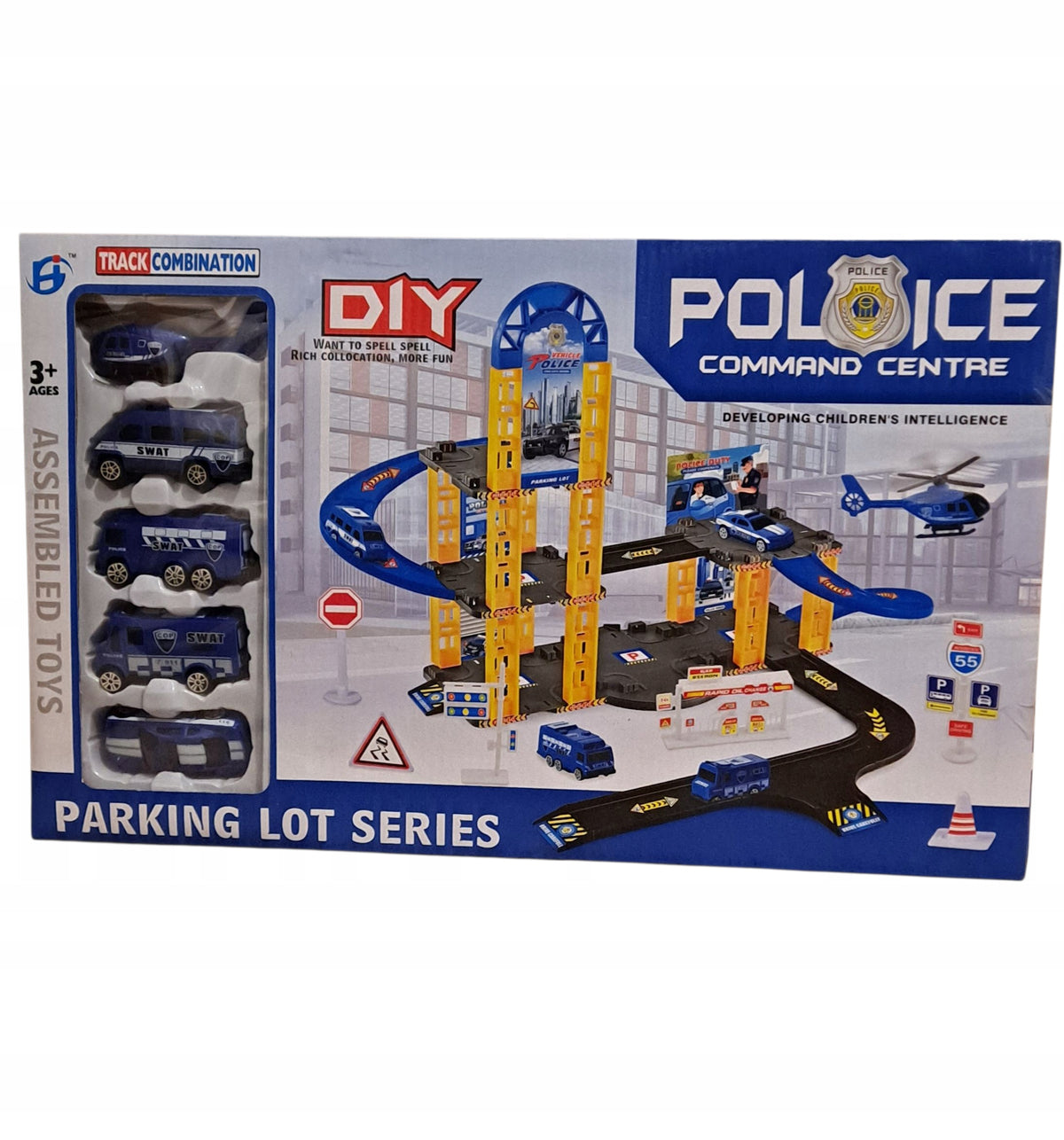 POLICE TRACK, GARAGE WITH CARS, SLIDE- TOY FOR CHILDREN