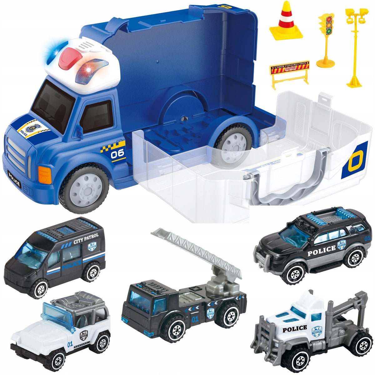 POLICE TRUCK SUITCASE LIGHT SOUND MATADI POLICE CAR + 6 CARS