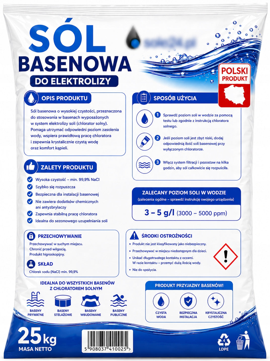 POOL SALT FOR ELECTROLYSIS – 25 KG Brand Sole24.pl