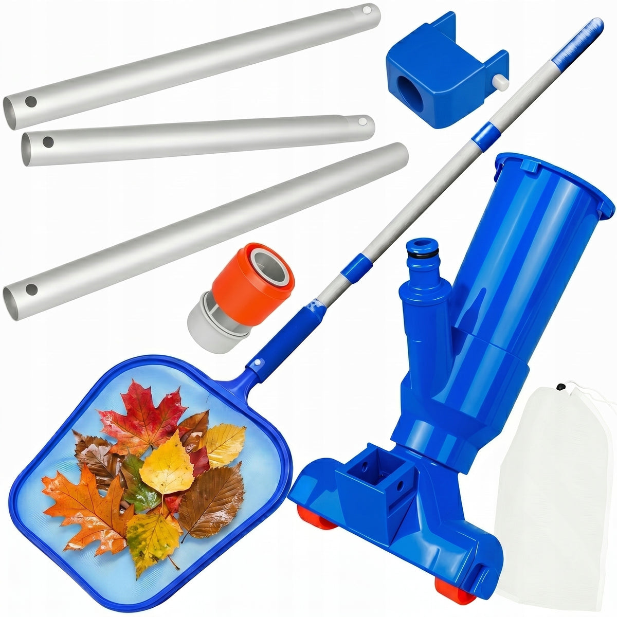 POOL VACUUM CLEANER POOL SET CLEANING BOTTOM EYELETS MESH + STICK 4in1 Packaging status original