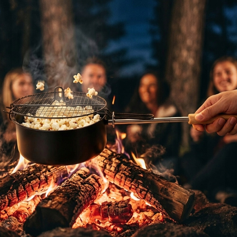 POPCORN POT WITH LONG HANDLE LID CAMPING NON-STICK Dominant color black