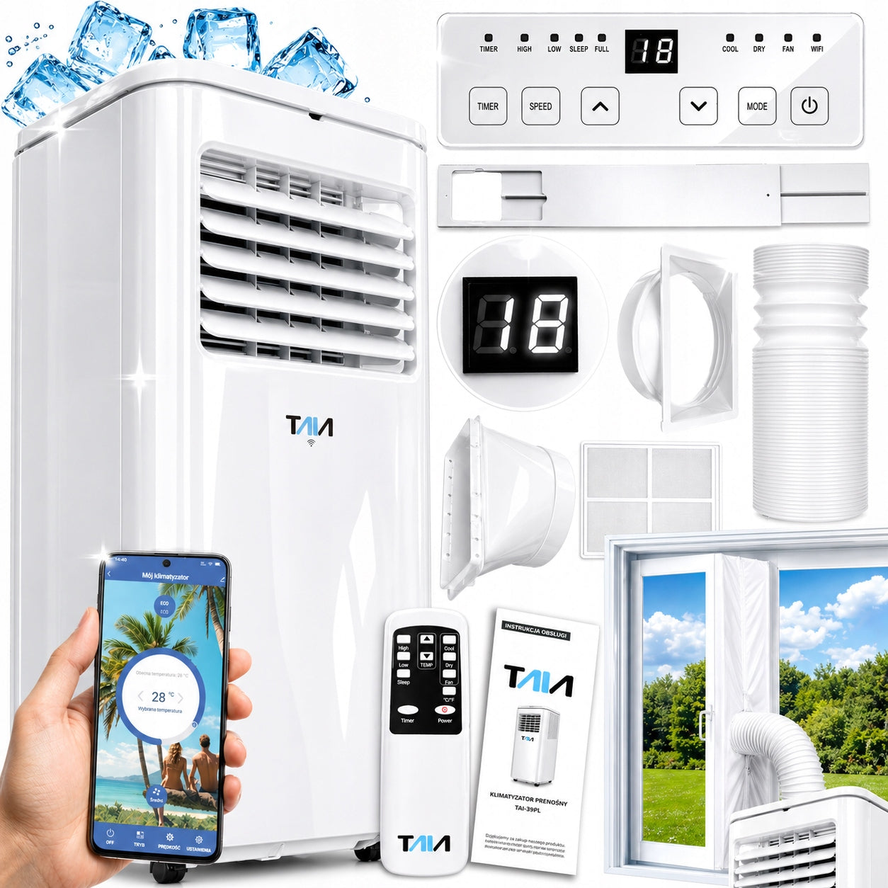 PORTABLE AIR CONDITIONER 2,50kW QUIET WIFI DEHUMIDIFIER LED TURBO COOLING XXXL