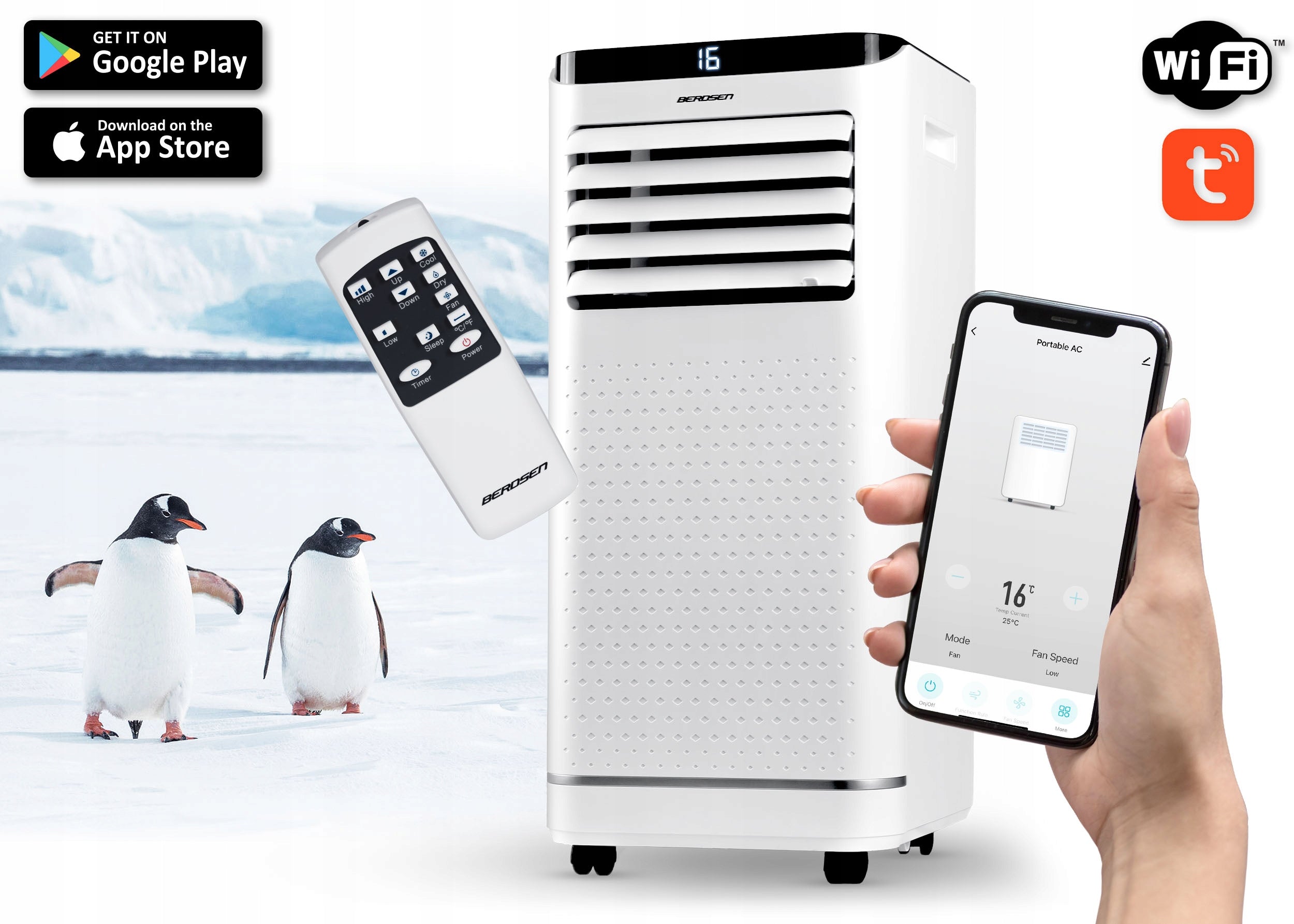 PORTABLE AIR CONDITIONER 2,6kW 30m2 DEHUMIDIFIER 24l/24h WiFi BERDSEN 9000 BTU Manufacturer code 358300