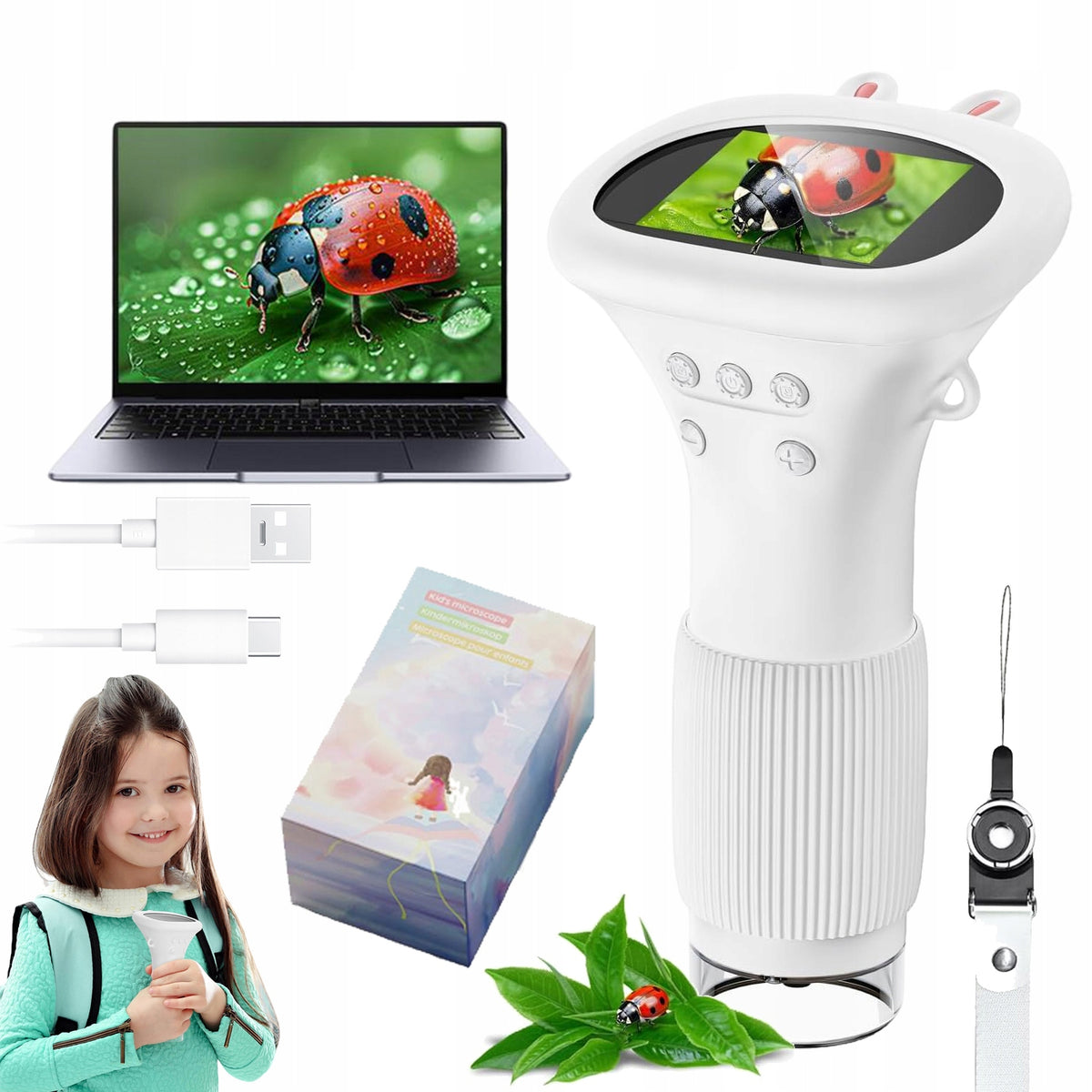 PORTABLE LED MICROSCOPE FOR KIDS 1000X SCREEN 2 INCH 600MAH USB WHITE
