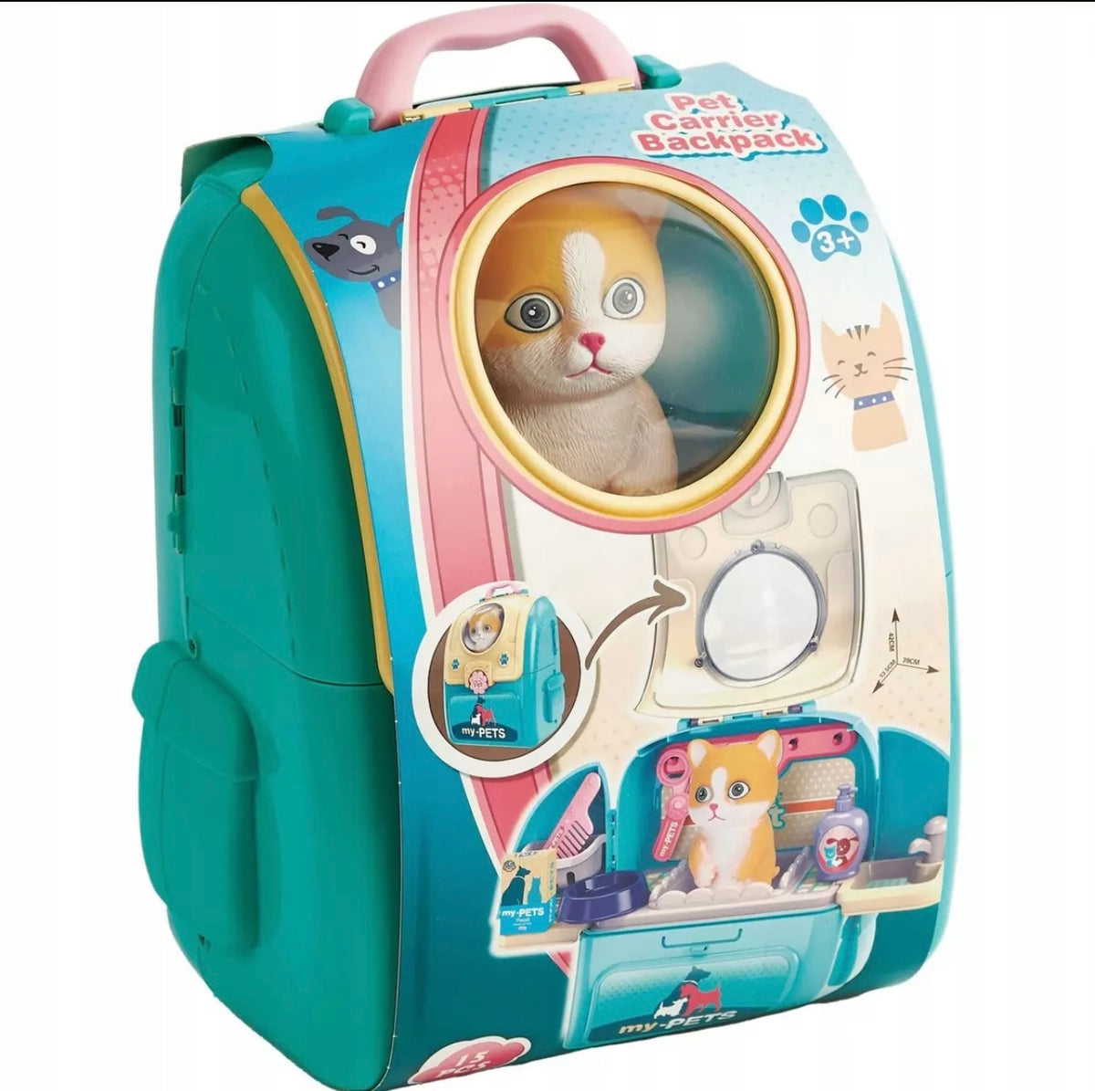 PORTABLE PET HAIRDRESSING KIT In backpack, with cat