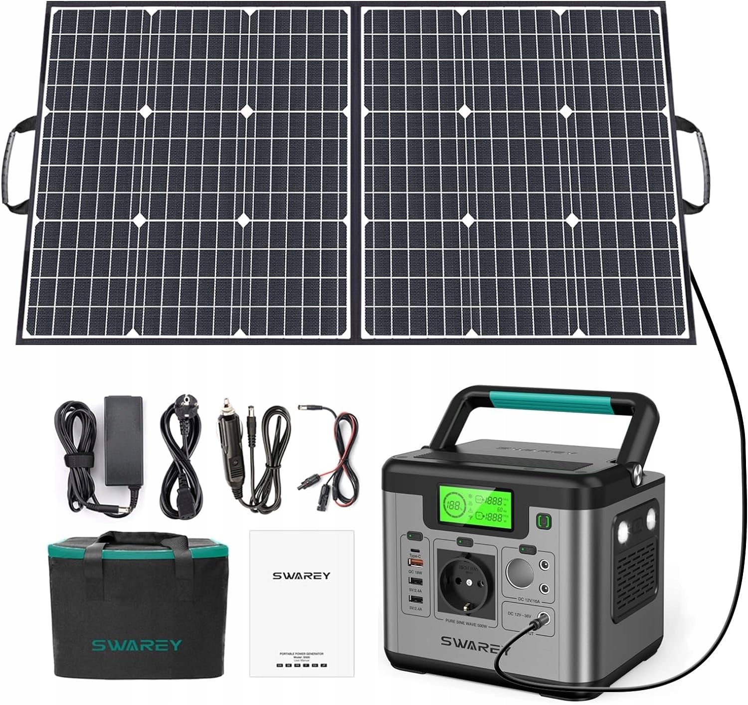 POWER BANK SOLAR GENERATOR SWAREY 518Wh type C PD 65W+100W SOLAR PANEL