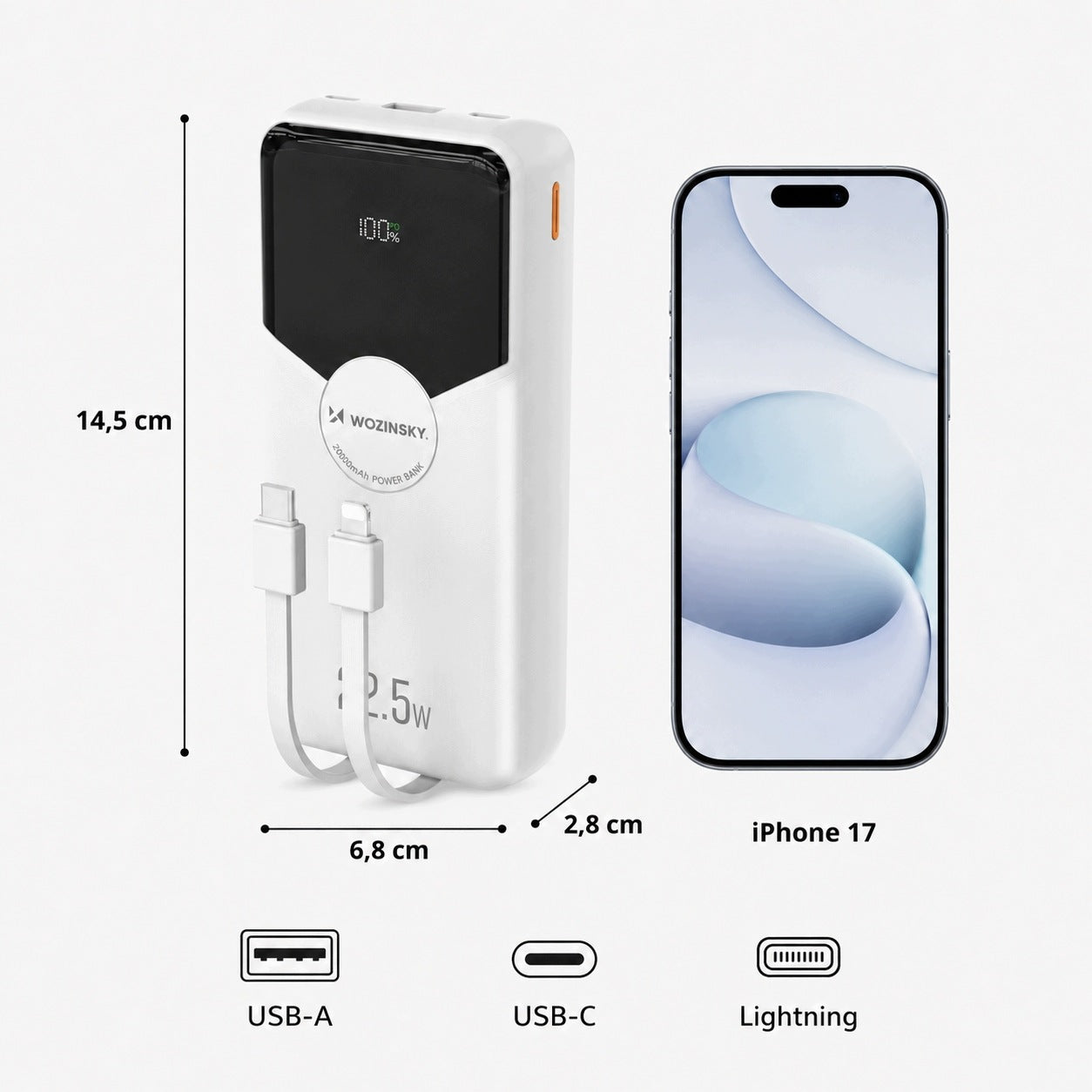 POWERBANK 20000mAh FAST CHARGING 22,5W PD20W USB-C BUILT-IN CABLES Packaging status original