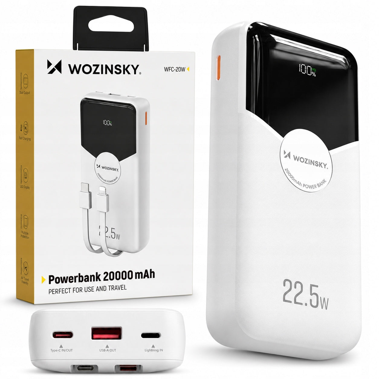 POWERBANK 20000mAh FAST CHARGING 22,5W PD20W USB-C BUILT-IN CABLES