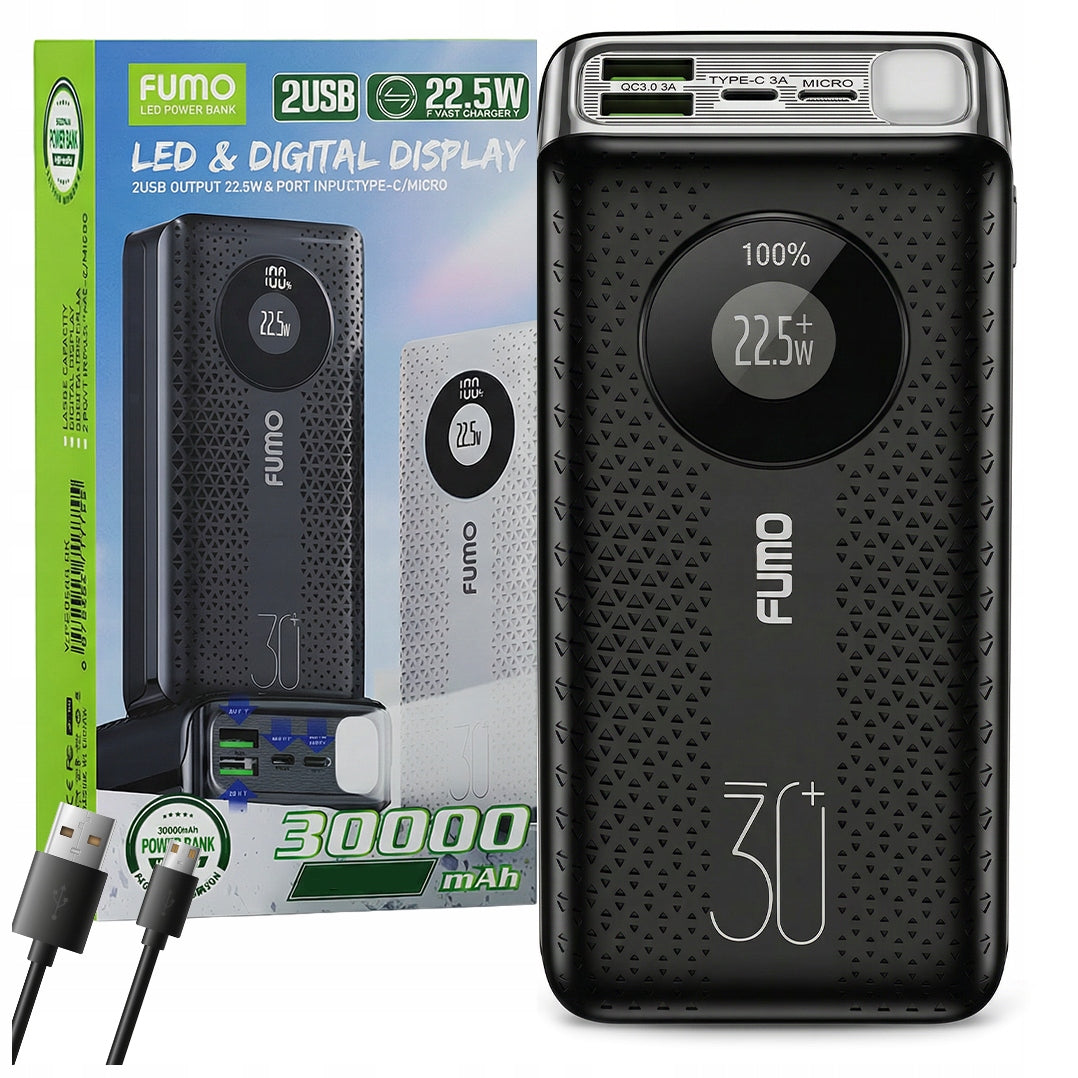 POWERBANK FUMO FAST CHARGING 30000mAh 22.5W USB-C USB-A PD + QC 3.0