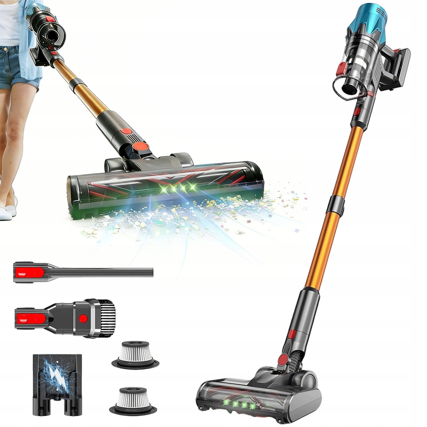POWERFUL CORDLESS UPRIGHT LED VACUUM CLEANER HOME 550W 55KPA, 1.5 L