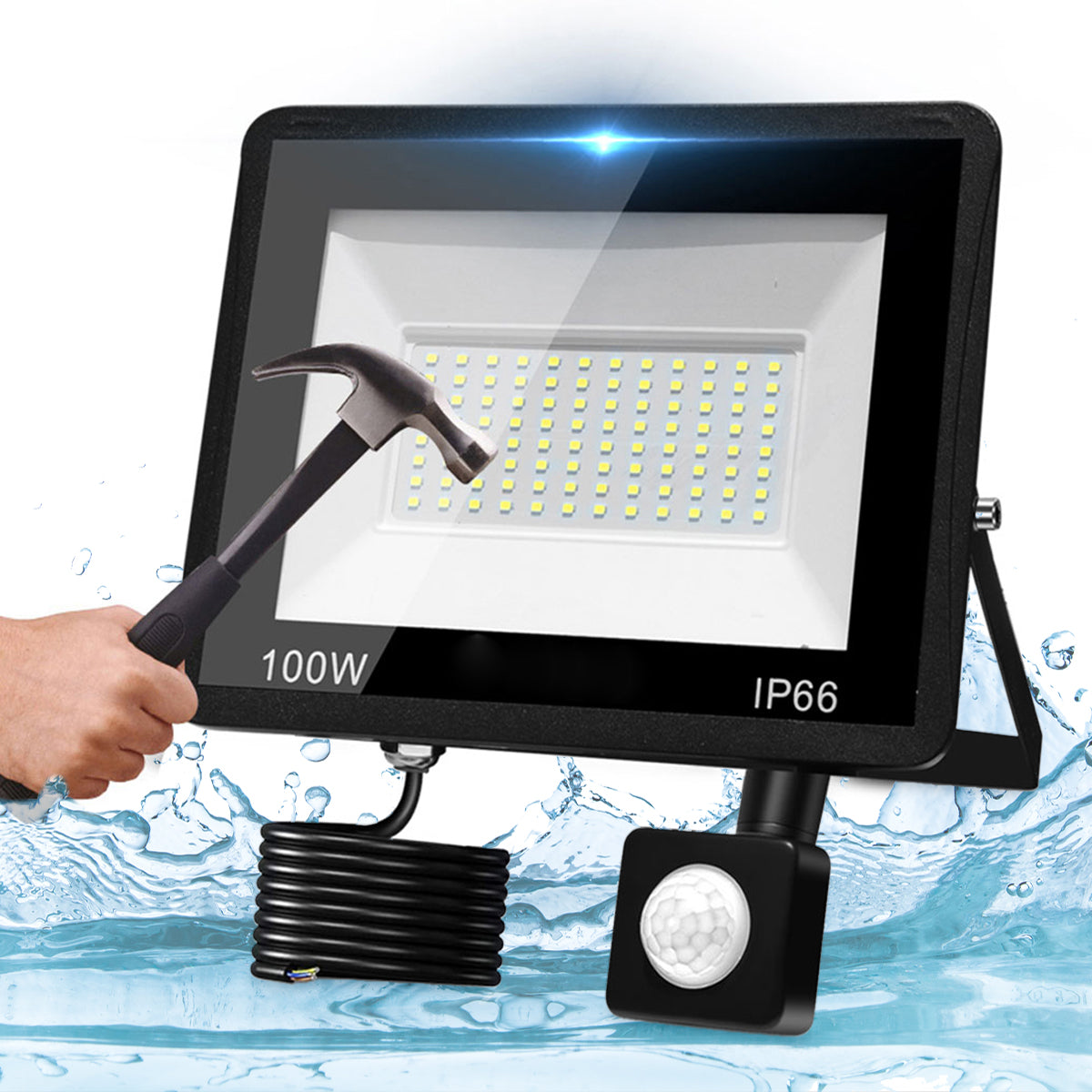 POWERFUL HALOGEN LED 100W FLOODLIGHT WITH DUSK MOTION SENSOR 9000lm SLIM