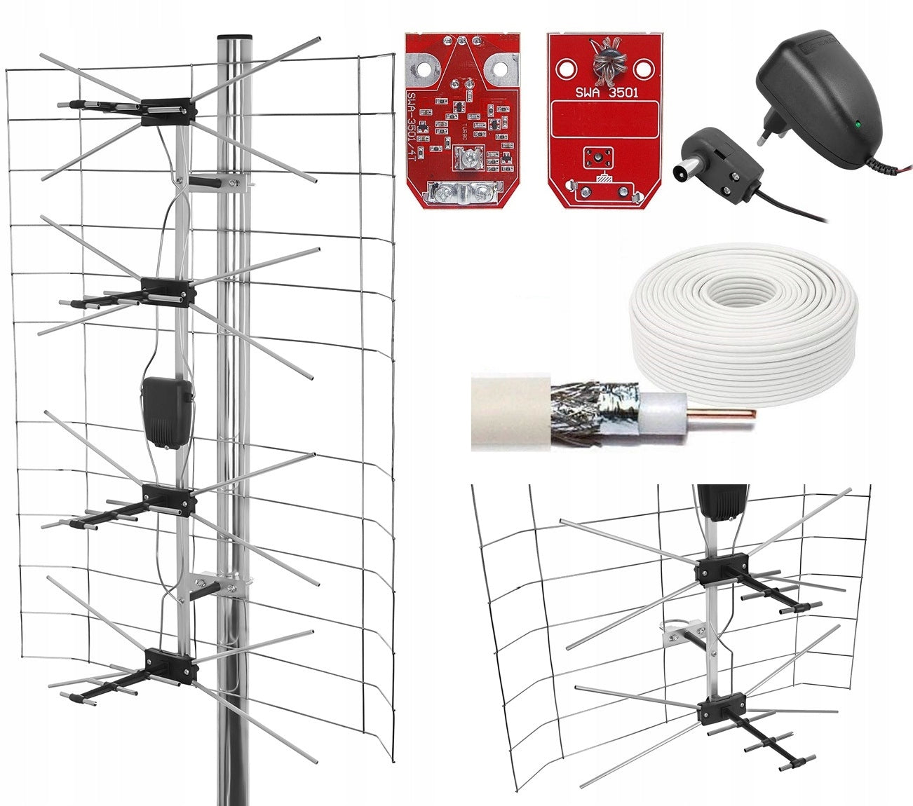 POWERFUL POLAND DVB-T2 MESH TV ANTENNA POWER SUPPLY MUX-1 AMPLIFIER - 8