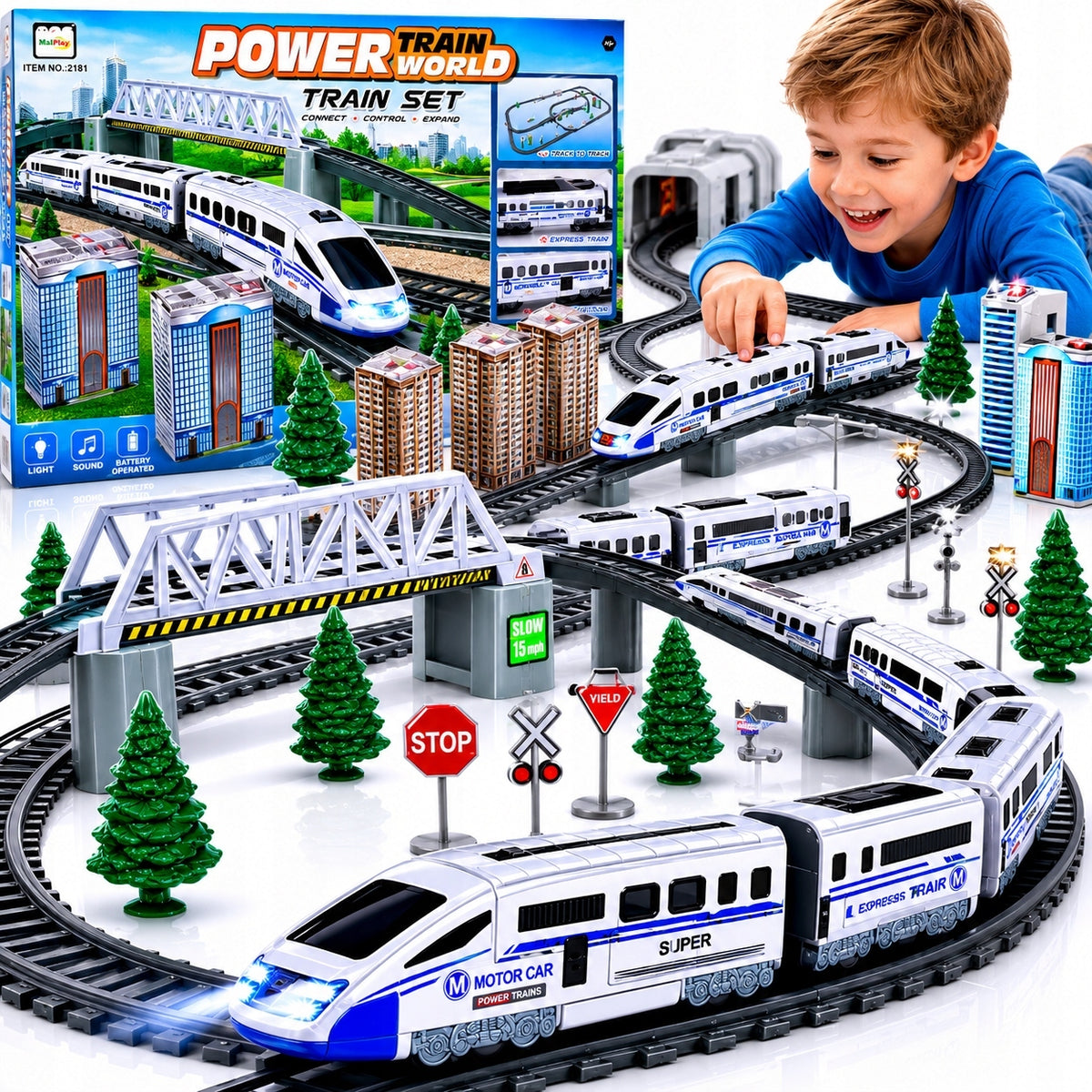 POWERFUL Train Electric Queue 914cm 5 Wagons Bridge Tunnel Gift