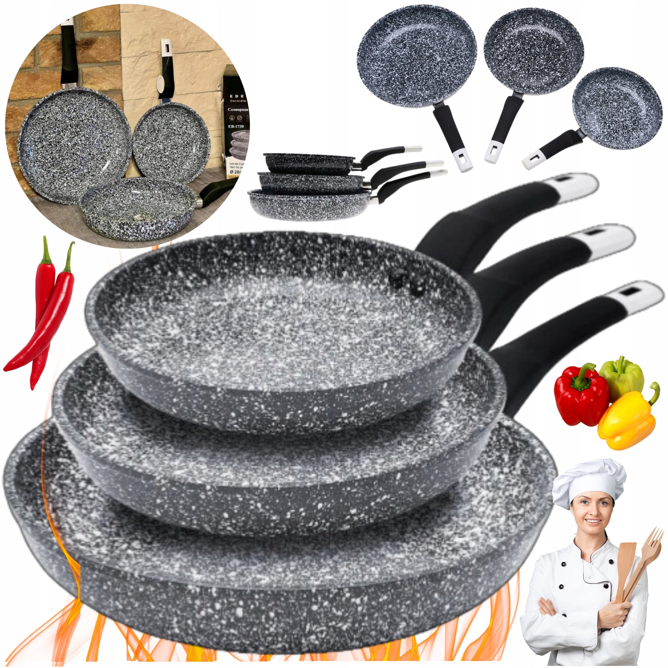 PRACTICAL SET OF NON-STICK pans 20,24,28cm MARBLED INDUCTION