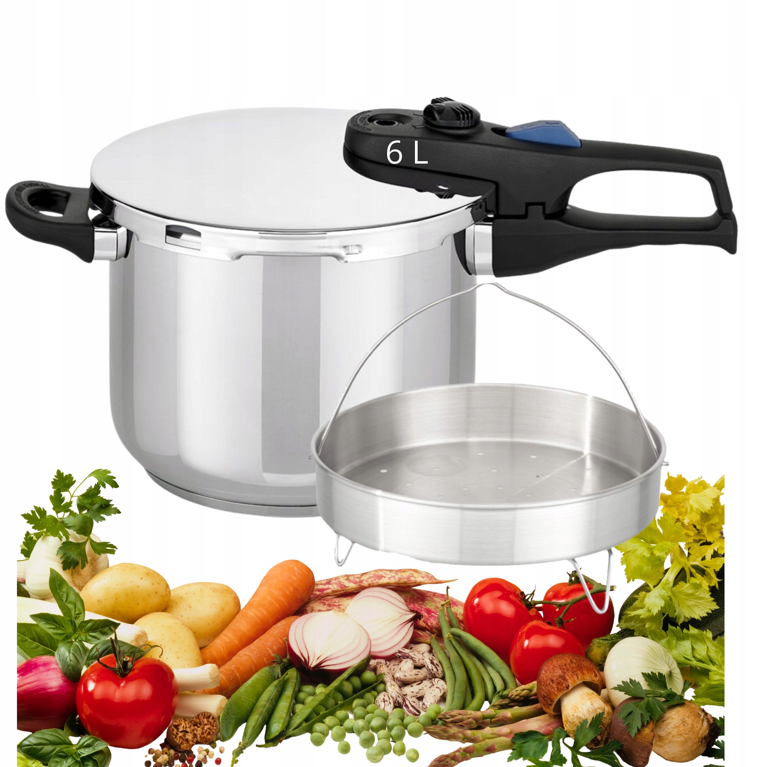 PRESSURE COOKER PRESSURE POT INDUCTION GAS STAINLESS STEEL + BASKET ELO 6L