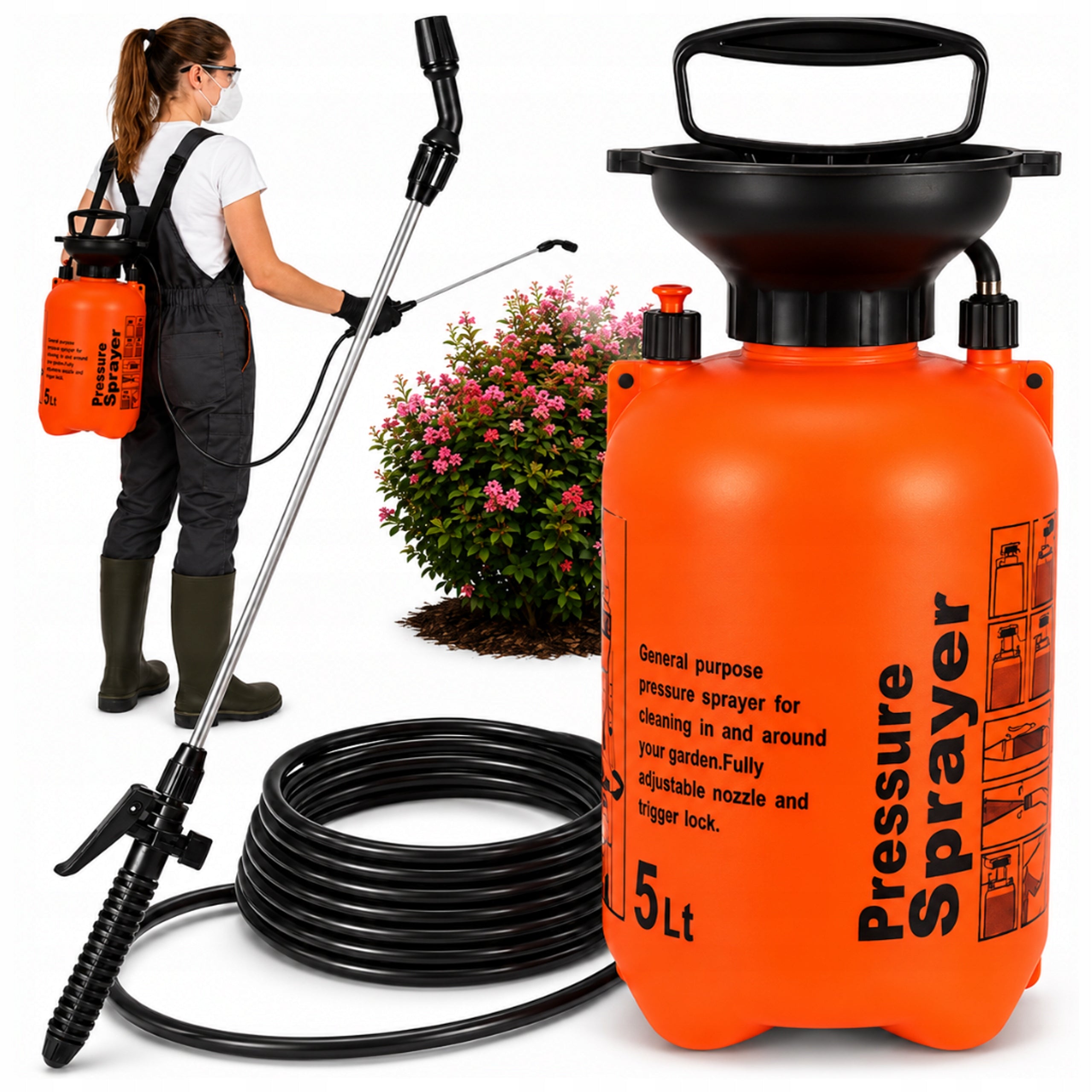 PRESSURE SPRAYER MANUAL GARDEN NOZZLE ADJUSTMENT 5L LANCE HOSE 185 cm