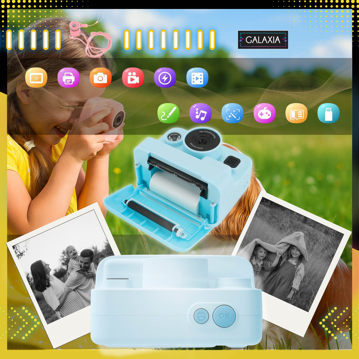 PRINT INSTANT CAMERA FOR KIDS MINI PRINTER 13 ROLLS AND 32GB CARD Manufacturer code dziecięcy aparat cyfrowy z KARTĄ GALAXIA